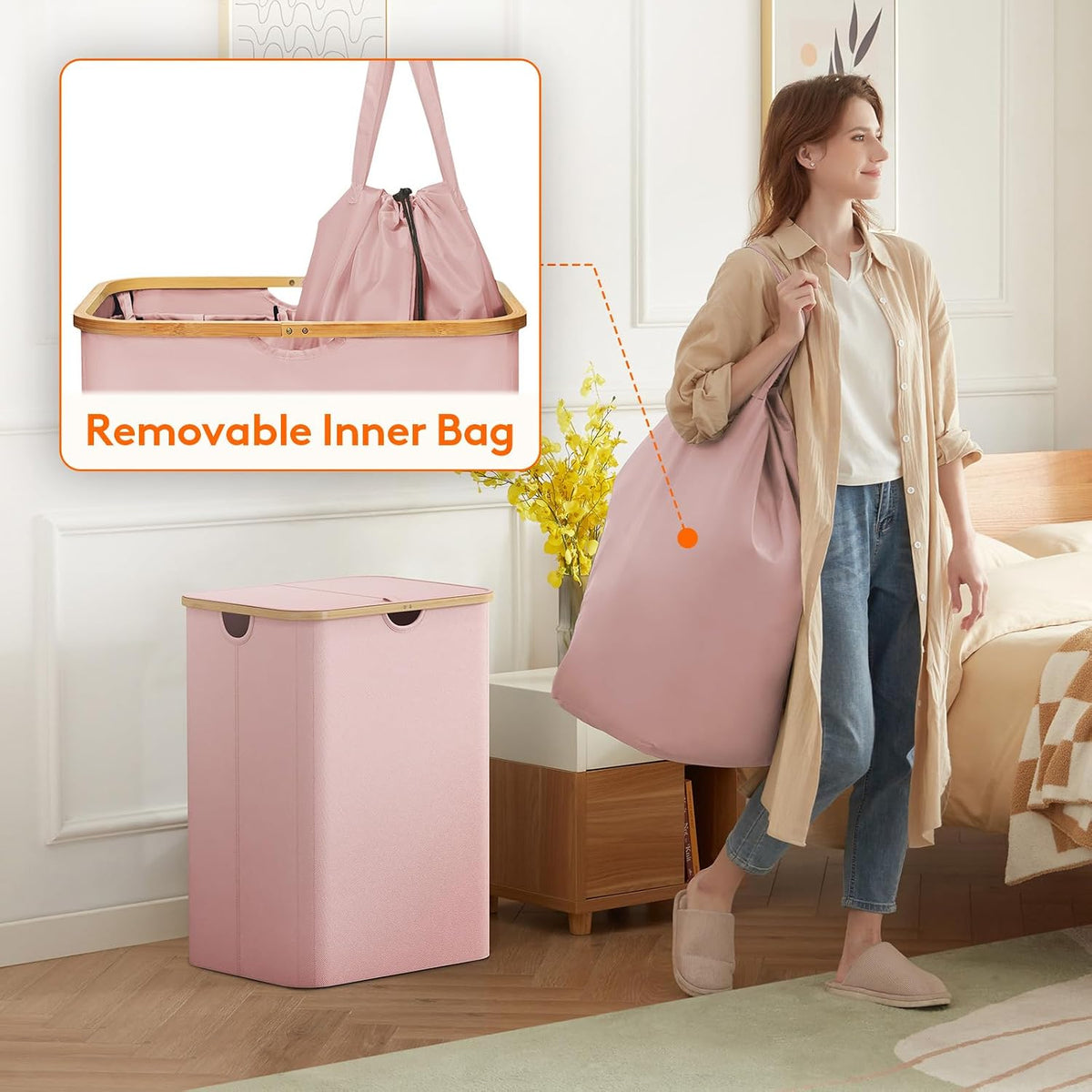 105L Large Laundry Basket with Lid, Removable Bags, Gray