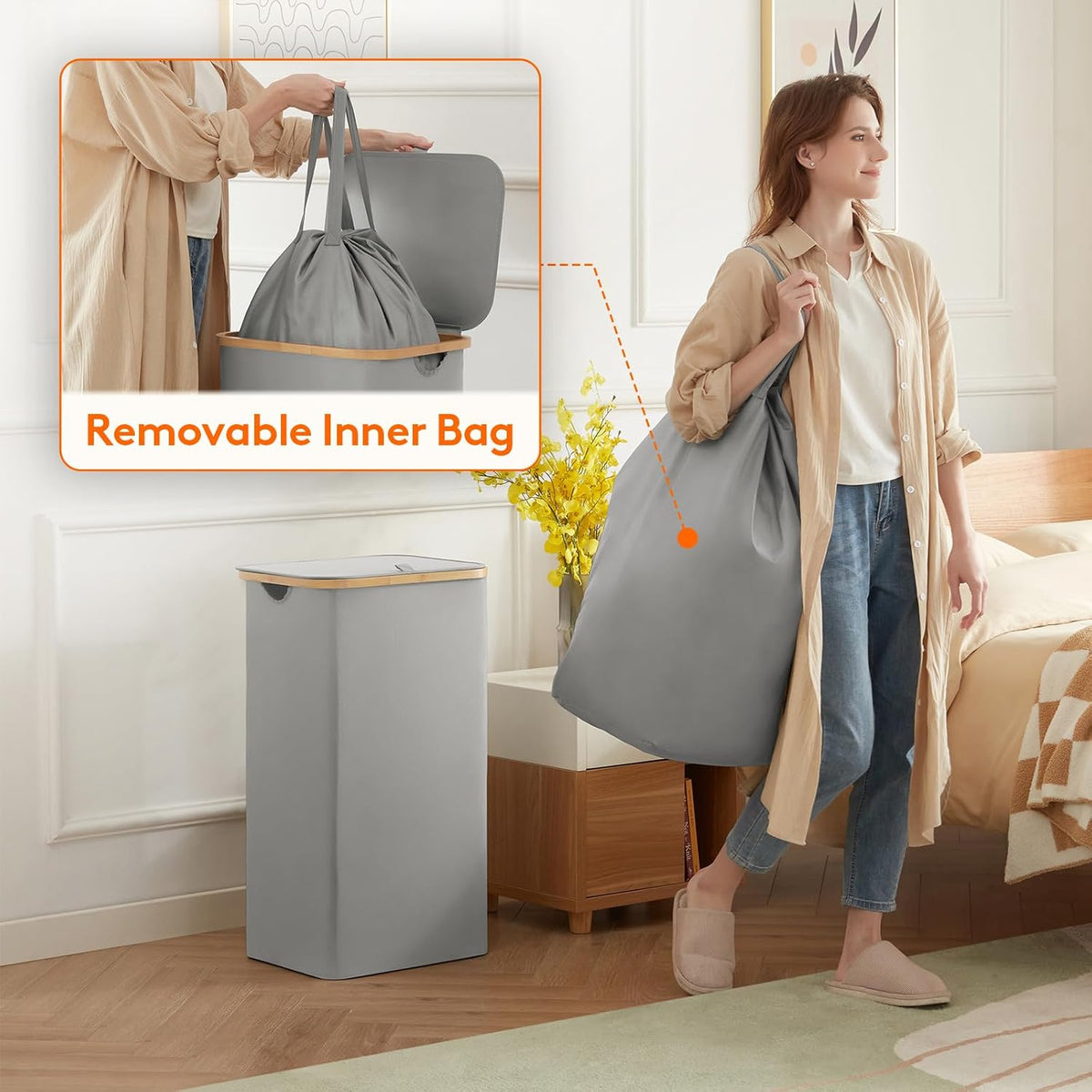 105L Large Laundry Basket with Lid, Removable Bags, Gray