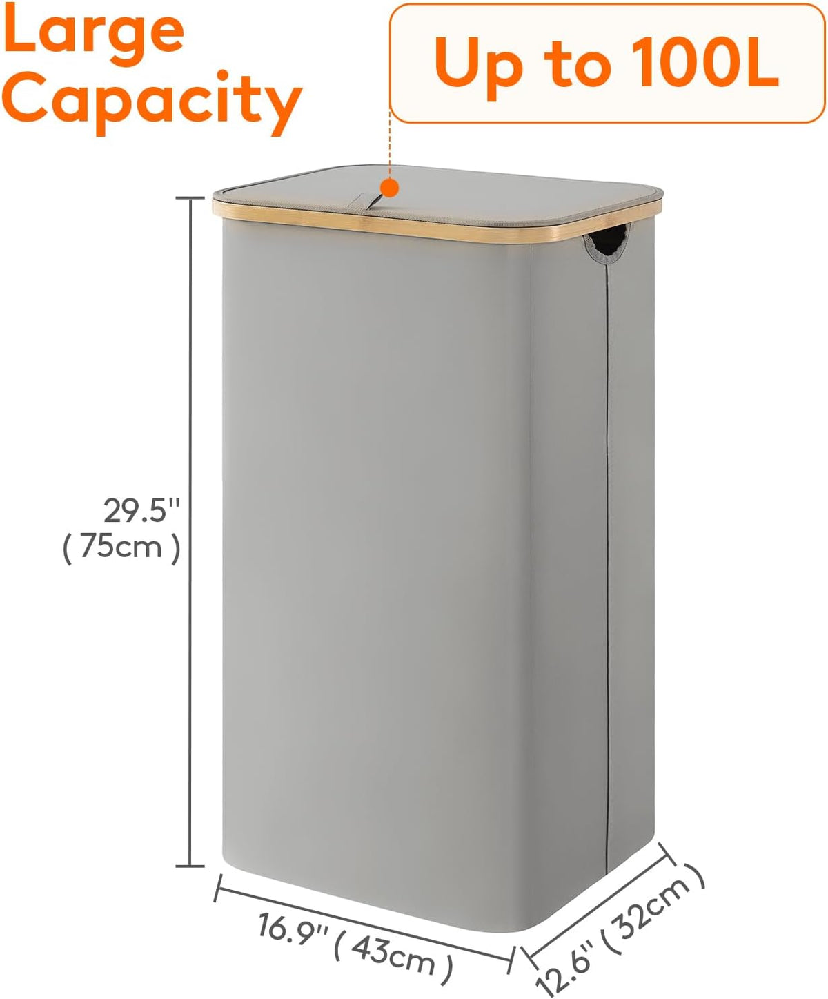 105L Large Laundry Basket with Lid, Removable Bags, Gray