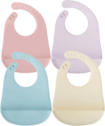 Silicone Baby Bibs, 4 Pack Waterproof Feeding Bibs with Pocket
