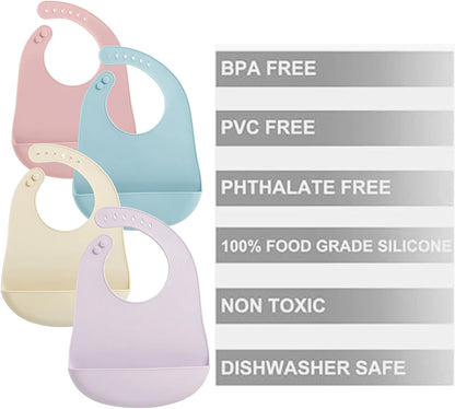 Silicone Baby Bibs, 4 Pack Waterproof Feeding Bibs with Pocket