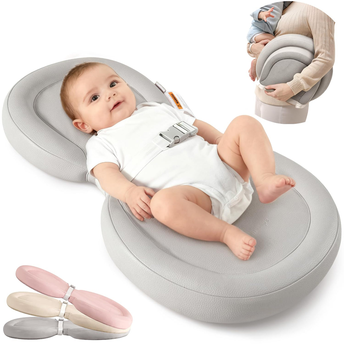 Peanut Baby Changing Pad, Waterproof Wipe-Clean PU Foldable On-the-Go Travel Mat, Non-Slip with Adjustable Safety Belt for Dresser & Changing Table, 30"x18", Gray