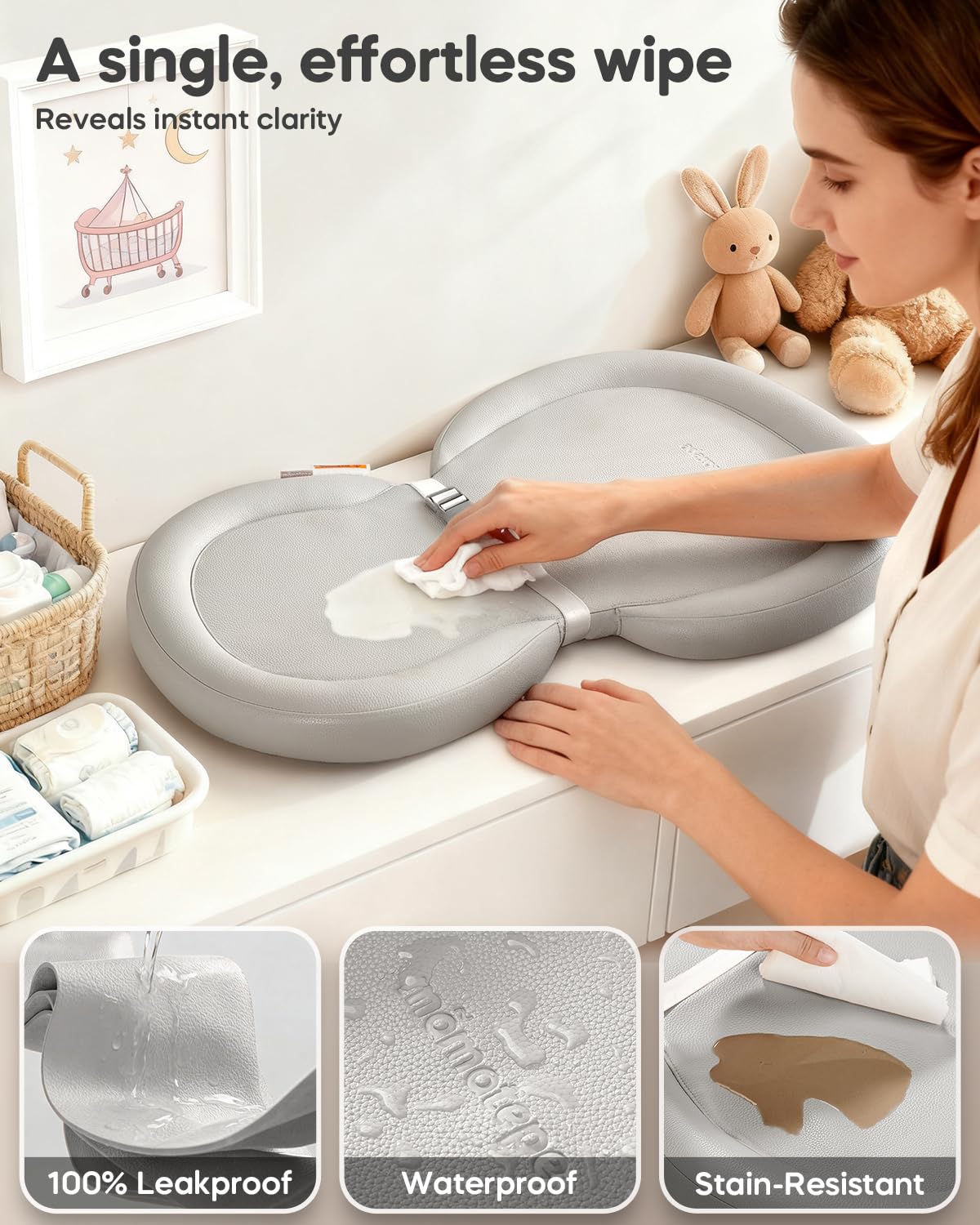 Peanut Baby Changing Pad, Waterproof Wipe-Clean PU Foldable On-the-Go Travel Mat, Non-Slip with Adjustable Safety Belt for Dresser & Changing Table, 30"x18", Gray
