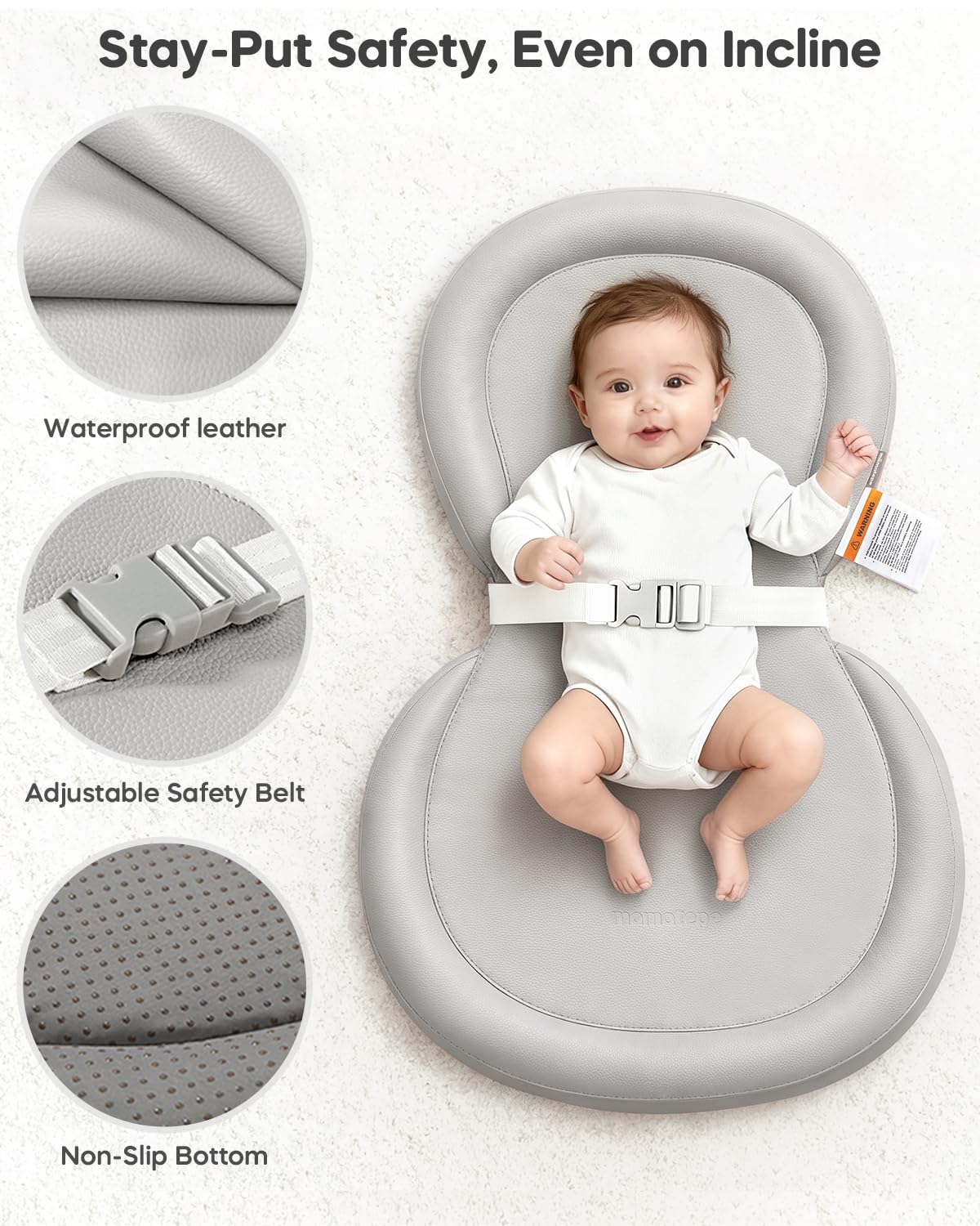 Peanut Baby Changing Pad, Waterproof Wipe-Clean PU Foldable On-the-Go Travel Mat, Non-Slip with Adjustable Safety Belt for Dresser & Changing Table, 30"x18", Gray