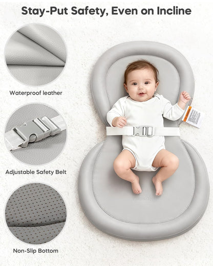 Peanut Baby Changing Pad, Waterproof Wipe-Clean PU Foldable On-the-Go Travel Mat, Non-Slip with Adjustable Safety Belt for Dresser & Changing Table, 30"x18", Gray
