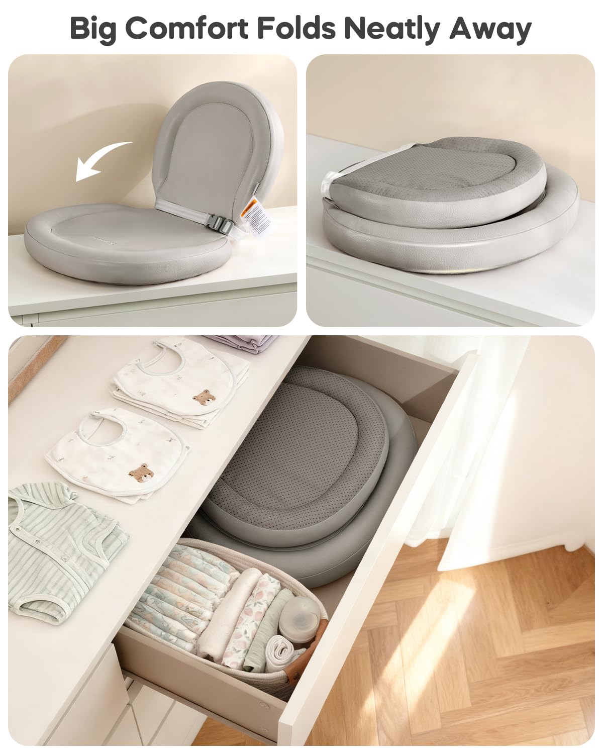 Peanut Baby Changing Pad, Waterproof Wipe-Clean PU Foldable On-the-Go Travel Mat, Non-Slip with Adjustable Safety Belt for Dresser & Changing Table, 30"x18", Gray