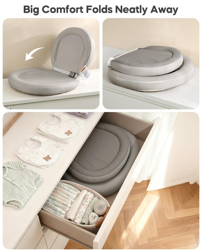 Peanut Baby Changing Pad, Waterproof Wipe-Clean PU Foldable On-the-Go Travel Mat, Non-Slip with Adjustable Safety Belt for Dresser & Changing Table, 30"x18", Gray