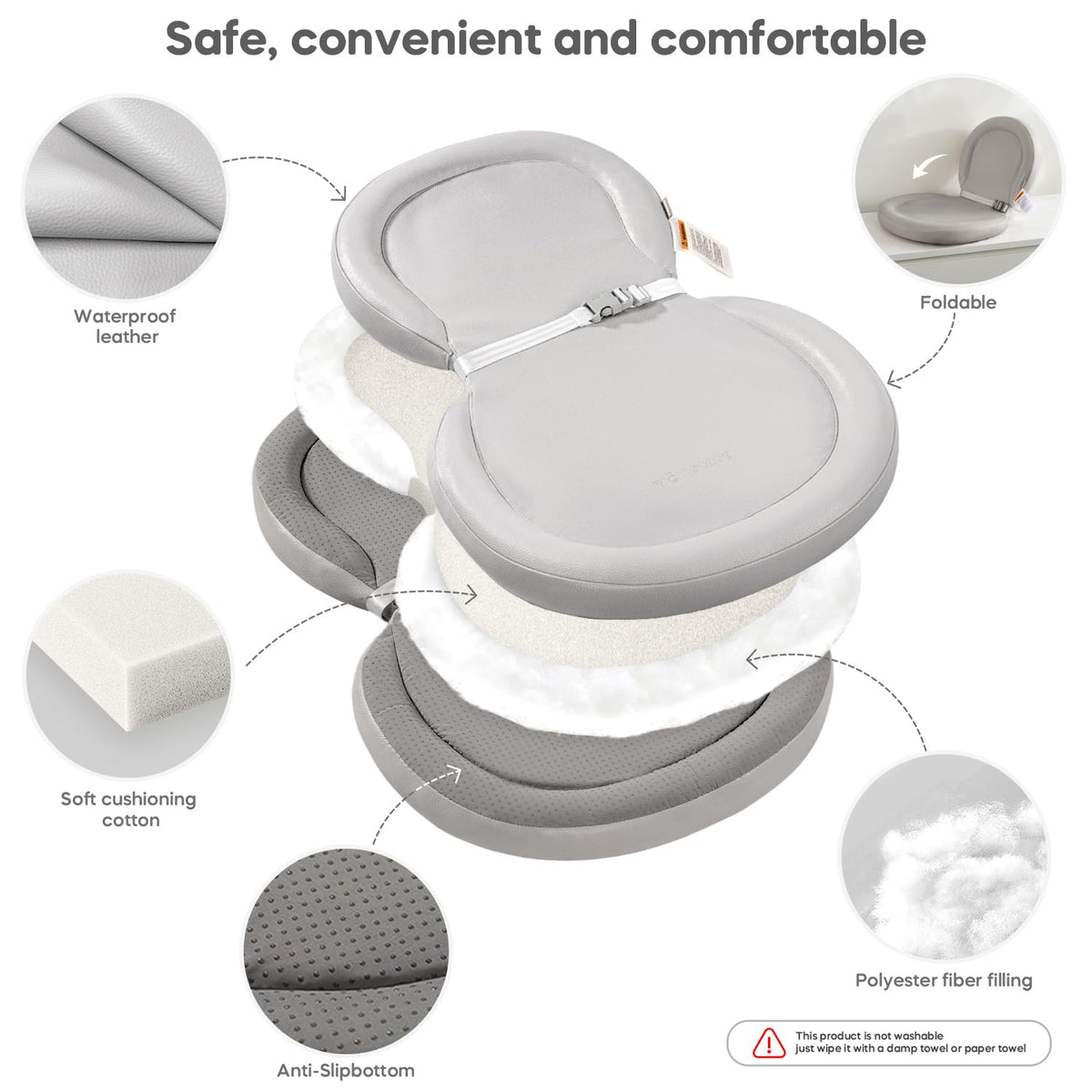 Peanut Baby Changing Pad, Waterproof Wipe-Clean PU Foldable On-the-Go Travel Mat, Non-Slip with Adjustable Safety Belt for Dresser & Changing Table, 30"x18", Gray