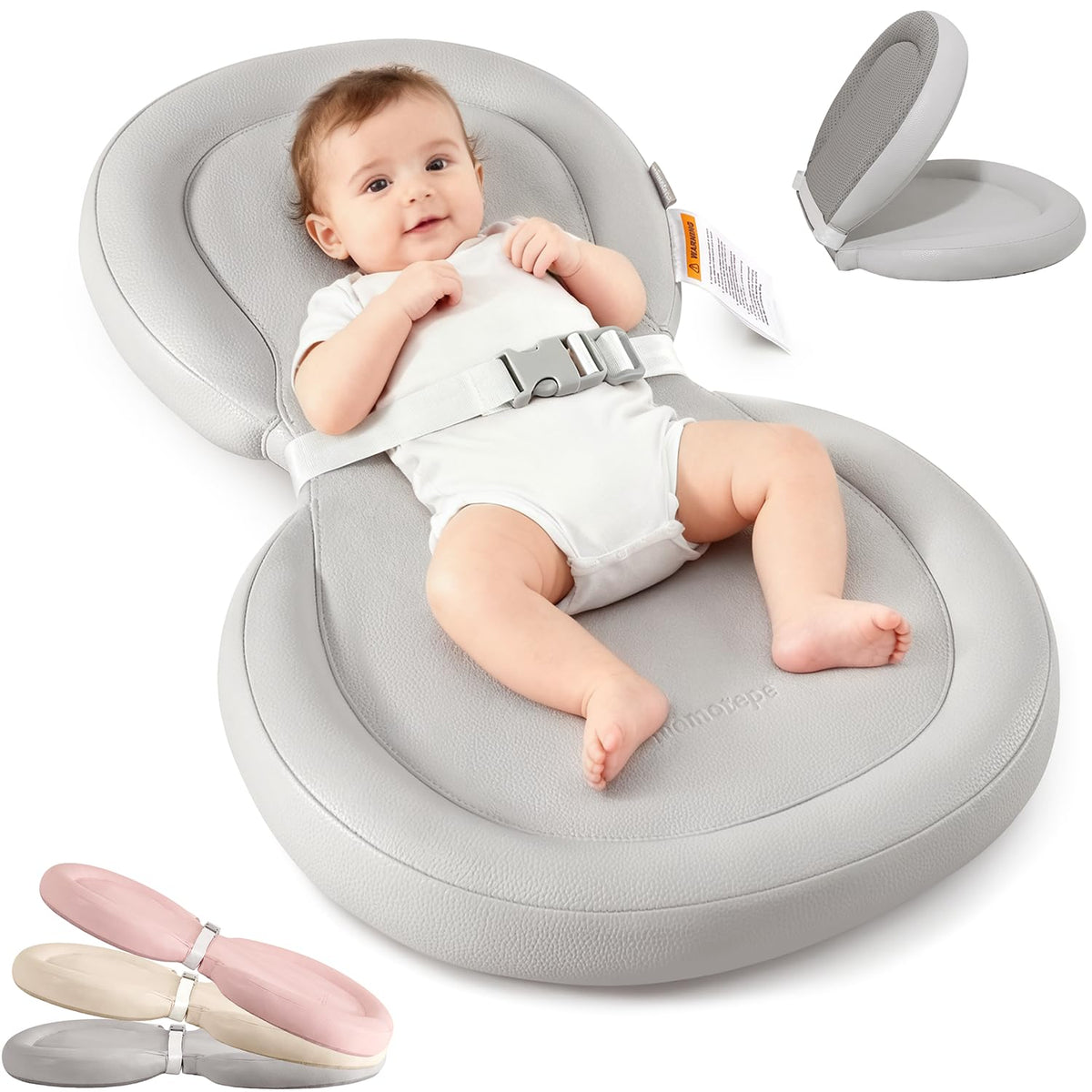 Peanut Baby Changing Pad, Waterproof Wipe-Clean PU Foldable On-the-Go Travel Mat, Non-Slip with Adjustable Safety Belt for Dresser & Changing Table, 30"x18", Gray