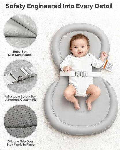 Peanut Baby Changing Pad, Waterproof Wipe-Clean PU Foldable On-the-Go Travel Mat, Non-Slip with Adjustable Safety Belt for Dresser & Changing Table, 30"x18", Gray