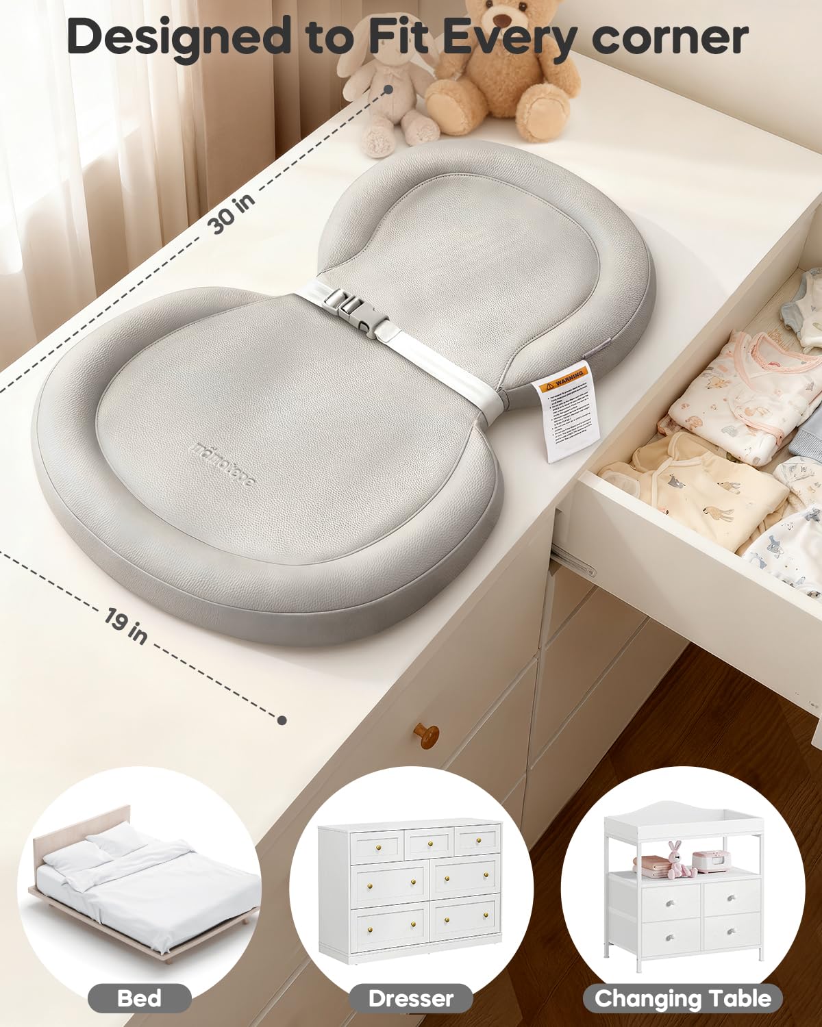 Peanut Baby Changing Pad, Waterproof Wipe-Clean PU Foldable On-the-Go Travel Mat, Non-Slip with Adjustable Safety Belt for Dresser & Changing Table, 30"x18", Gray