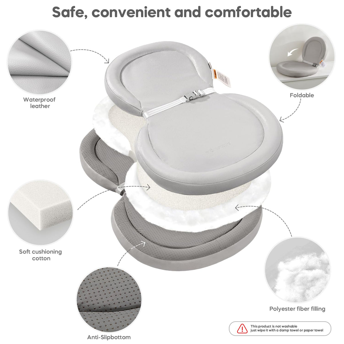 Peanut Baby Changing Pad, Waterproof Wipe-Clean PU Foldable On-the-Go Travel Mat, Non-Slip with Adjustable Safety Belt for Dresser & Changing Table, 30"x18", Gray