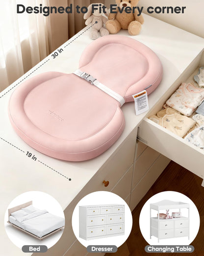 Peanut Baby Changing Pad, Waterproof Wipe-Clean PU Foldable On-the-Go Travel Mat, Non-Slip with Adjustable Safety Belt for Dresser & Changing Table, 30"x18", Gray