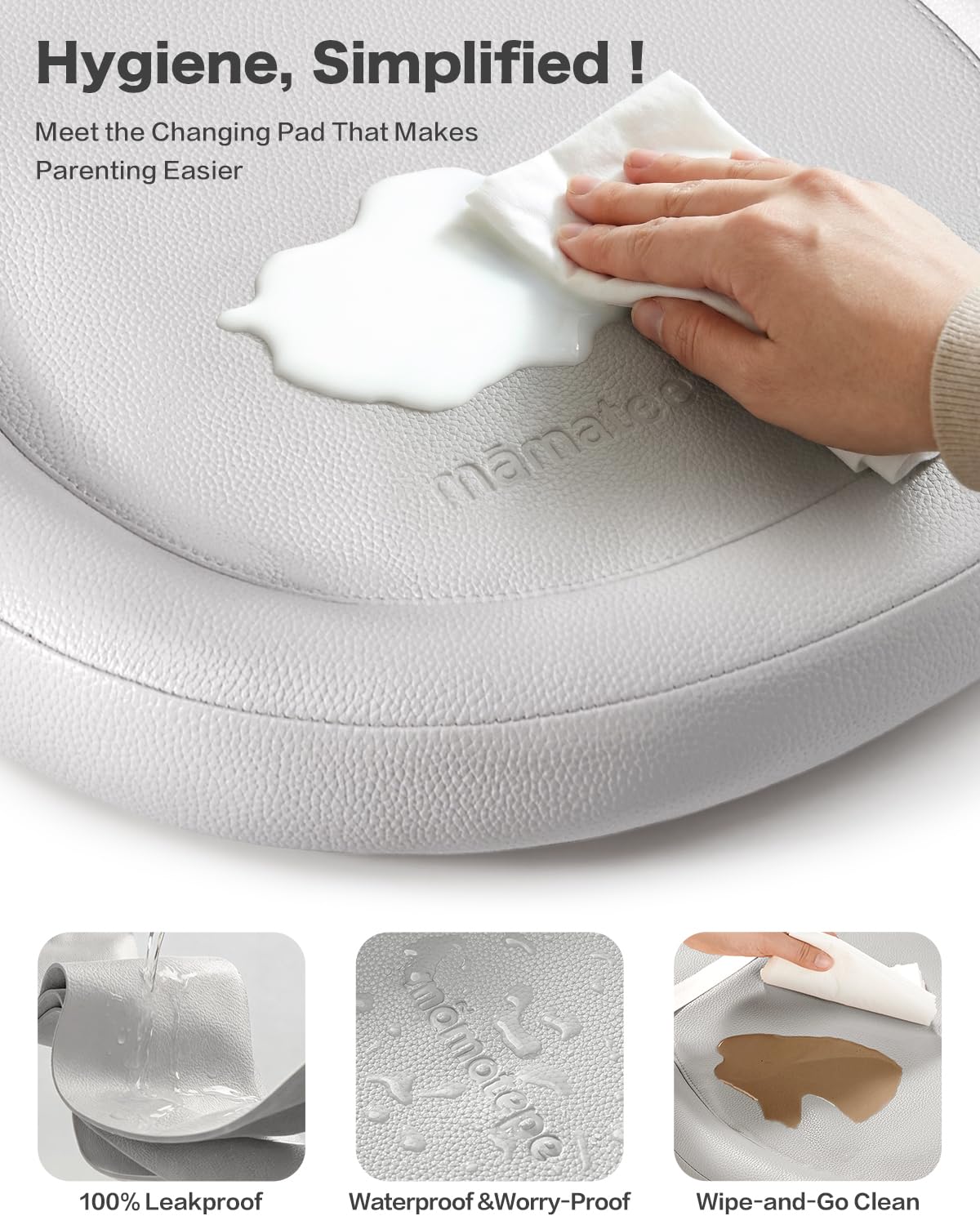 Peanut Baby Changing Pad, Waterproof Wipe-Clean PU Foldable On-the-Go Travel Mat, Non-Slip with Adjustable Safety Belt for Dresser & Changing Table, 30"x18", Gray