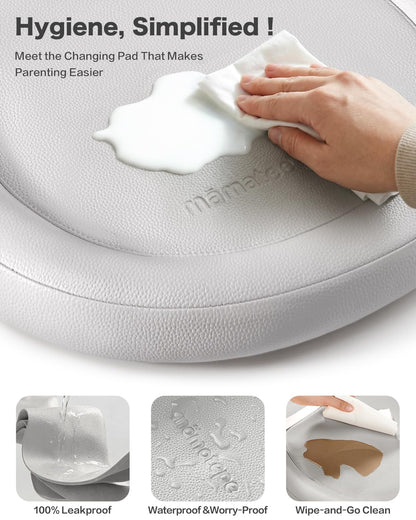 Peanut Baby Changing Pad, Waterproof Wipe-Clean PU Foldable On-the-Go Travel Mat, Non-Slip with Adjustable Safety Belt for Dresser & Changing Table, 30"x18", Gray