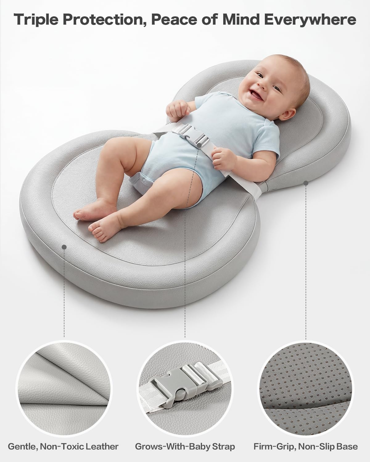 Peanut Baby Changing Pad, Waterproof Wipe-Clean PU Foldable On-the-Go Travel Mat, Non-Slip with Adjustable Safety Belt for Dresser & Changing Table, 30"x18", Gray