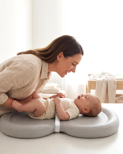 Peanut Baby Changing Pad, Waterproof Wipe-Clean PU Foldable On-the-Go Travel Mat, Non-Slip with Adjustable Safety Belt for Dresser & Changing Table, 30"x18", Gray