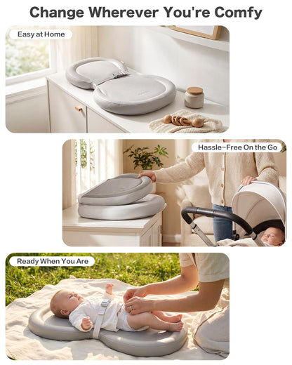 Peanut Baby Changing Pad, Waterproof Wipe-Clean PU Foldable On-the-Go Travel Mat, Non-Slip with Adjustable Safety Belt for Dresser & Changing Table, 30"x18", Gray