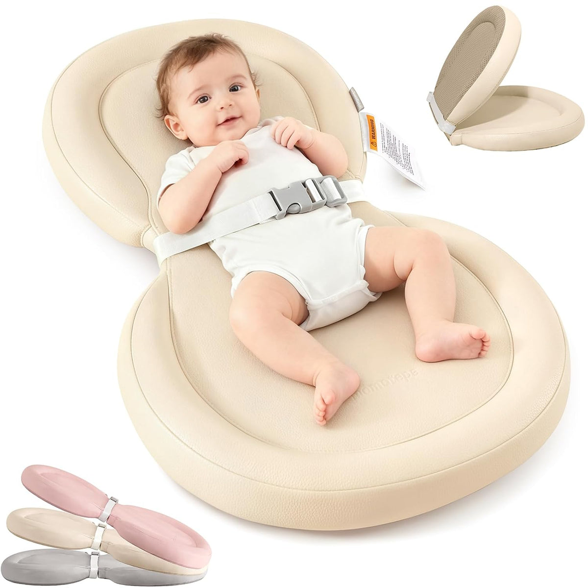 Peanut Baby Changing Pad, Waterproof Wipe-Clean PU Foldable On-the-Go Travel Mat, Non-Slip with Adjustable Safety Belt for Dresser & Changing Table, 30"x18", Gray
