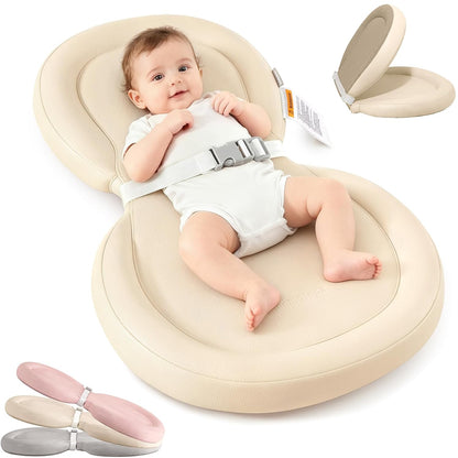 Peanut Baby Changing Pad, Waterproof Wipe-Clean PU Foldable On-the-Go Travel Mat, Non-Slip with Adjustable Safety Belt for Dresser & Changing Table, 30"x18", Gray