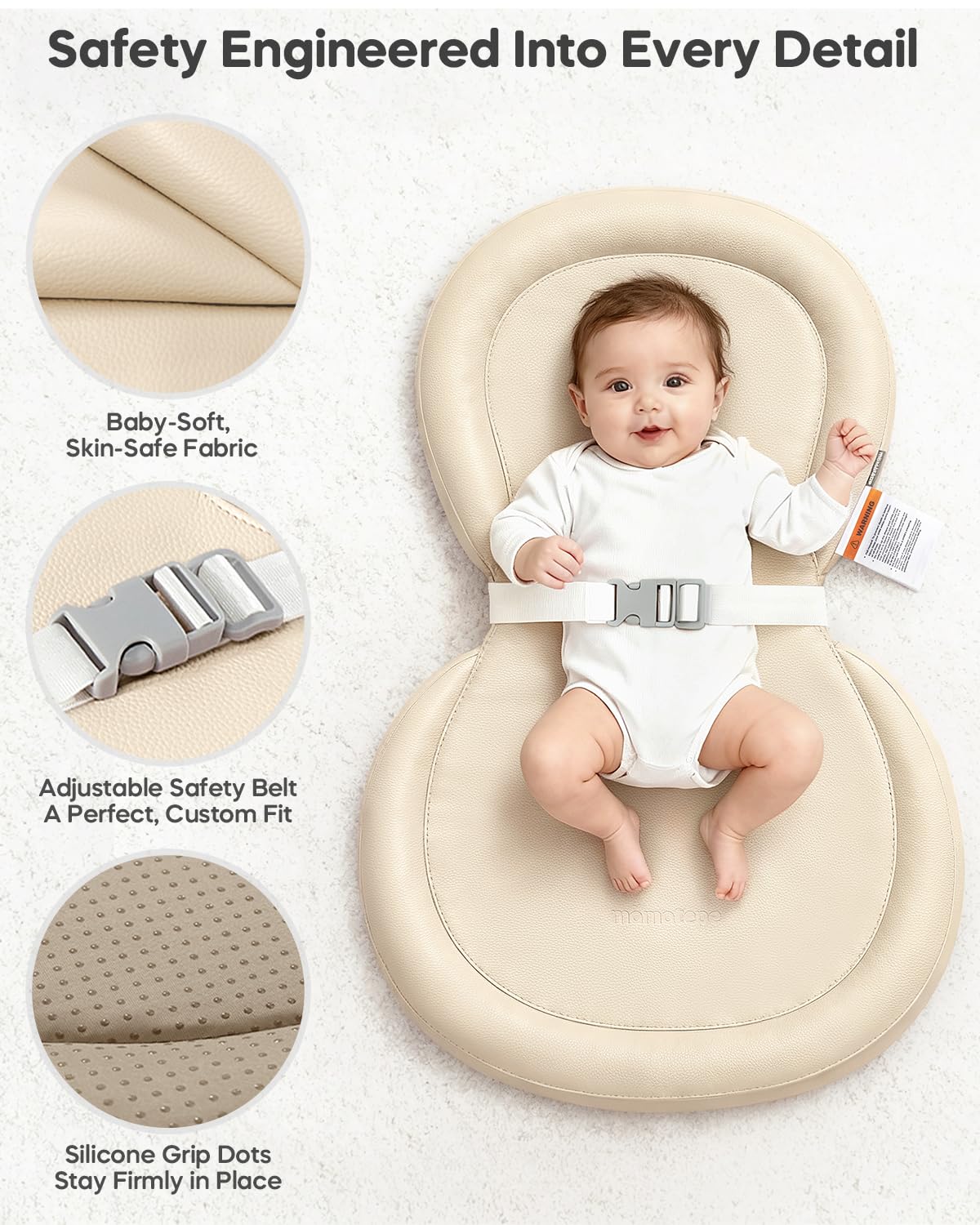 Peanut Baby Changing Pad, Waterproof Wipe-Clean PU Foldable On-the-Go Travel Mat, Non-Slip with Adjustable Safety Belt for Dresser & Changing Table, 30"x18", Gray