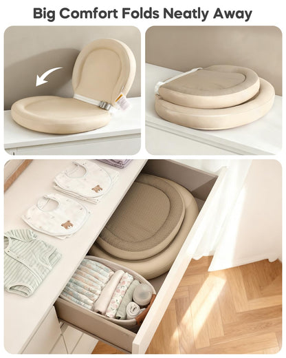 Peanut Baby Changing Pad, Waterproof Wipe-Clean PU Foldable On-the-Go Travel Mat, Non-Slip with Adjustable Safety Belt for Dresser & Changing Table, 30"x18", Gray