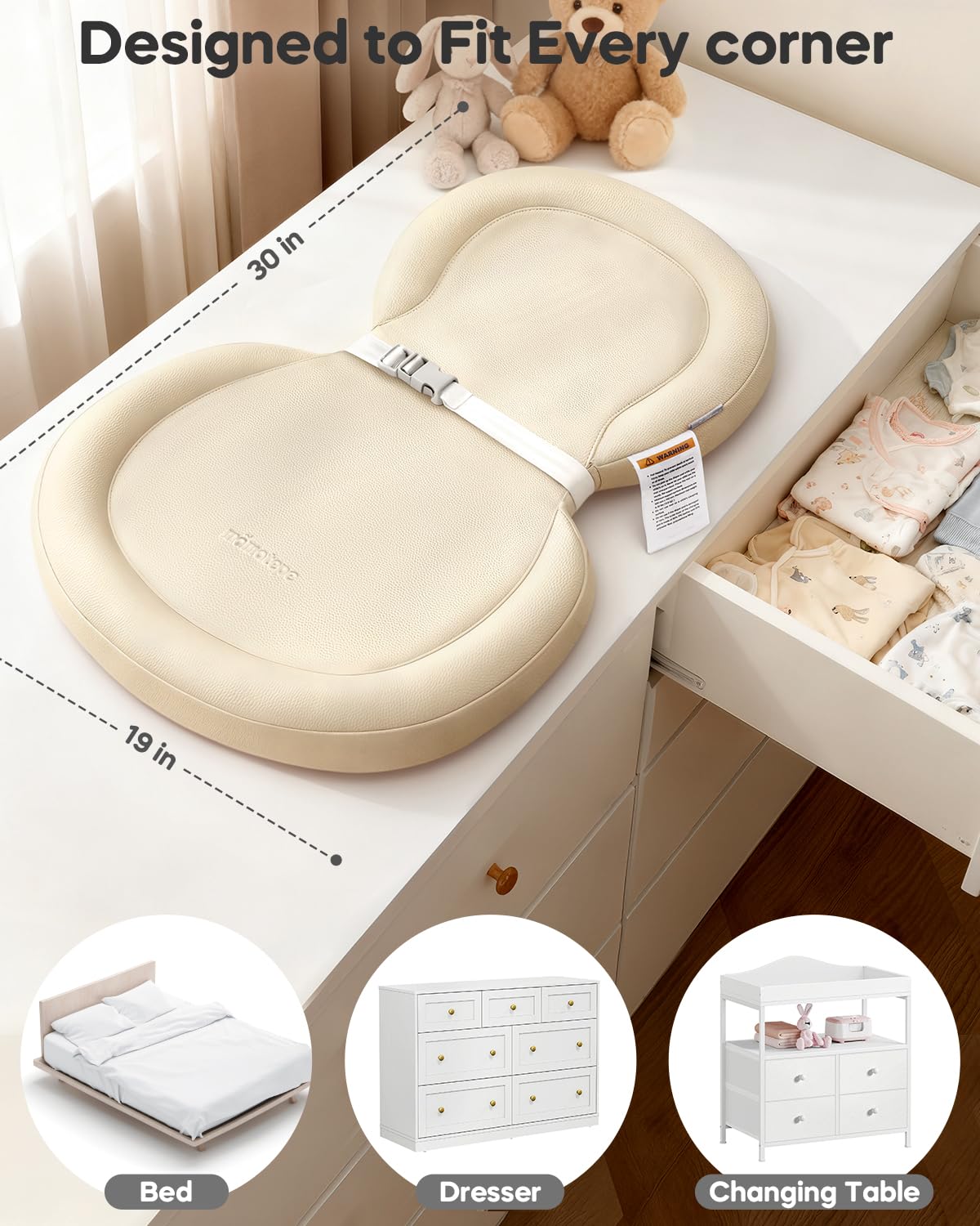 Peanut Baby Changing Pad, Waterproof Wipe-Clean PU Foldable On-the-Go Travel Mat, Non-Slip with Adjustable Safety Belt for Dresser & Changing Table, 30"x18", Gray
