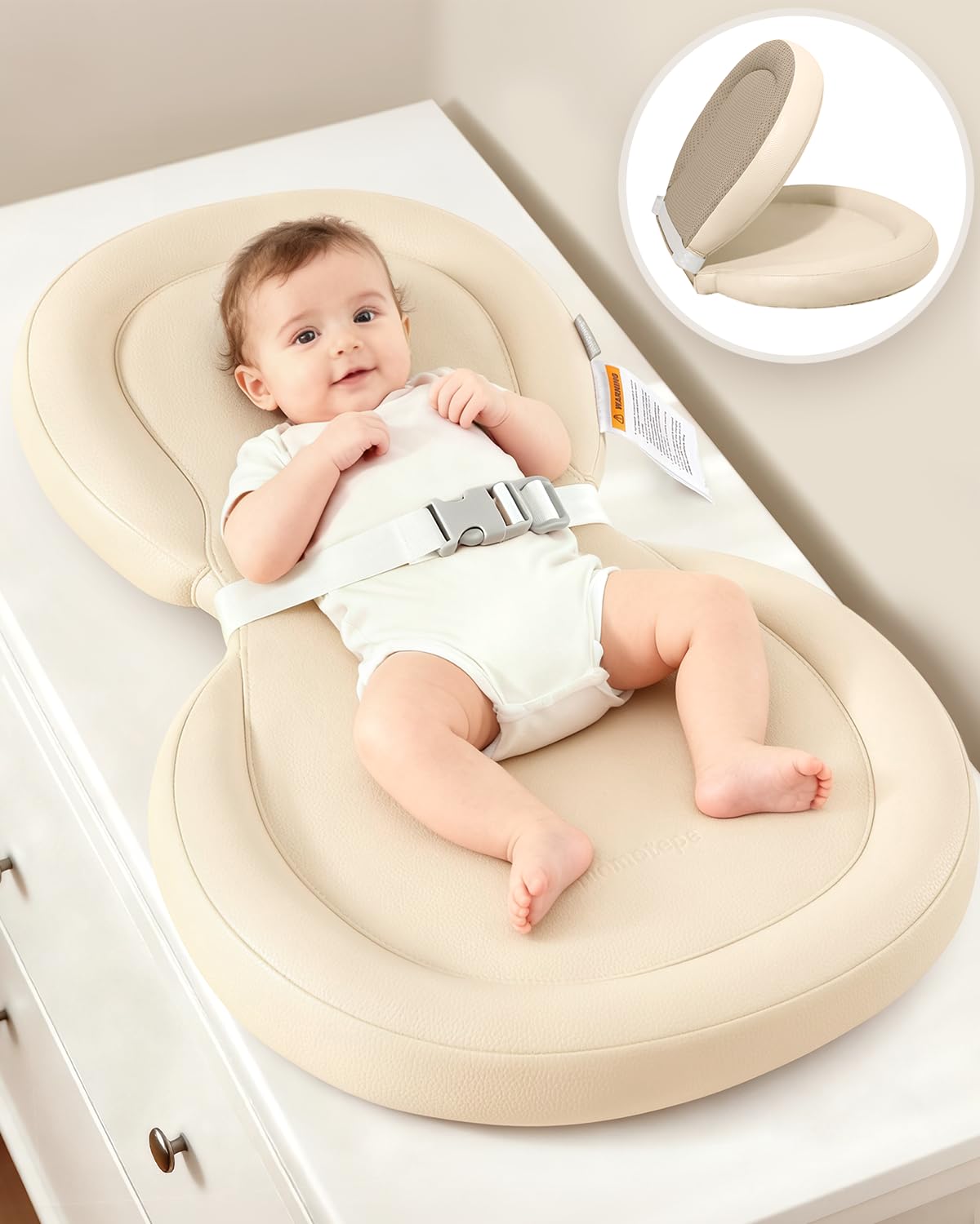 Peanut Baby Changing Pad, Waterproof Wipe-Clean PU Foldable On-the-Go Travel Mat, Non-Slip with Adjustable Safety Belt for Dresser & Changing Table, 30"x18", Gray