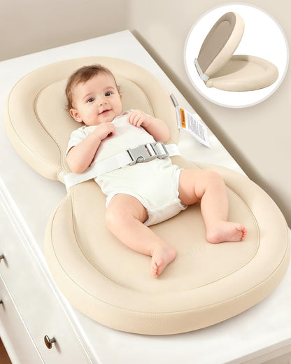 Peanut Baby Changing Pad, Waterproof Wipe-Clean PU Foldable On-the-Go Travel Mat, Non-Slip with Adjustable Safety Belt for Dresser & Changing Table, 30"x18", Gray