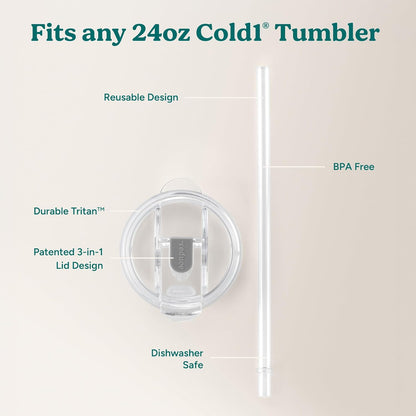 brand Cold1 Tumblers or Mugs 20-24oz mouth Replacement Lid (3.5 inch diameter) and Straw (10.6 inch) set, Clear, BPA Free, Dishwasher safe, Durable, Reusable, Spill Proof Lid, Medium