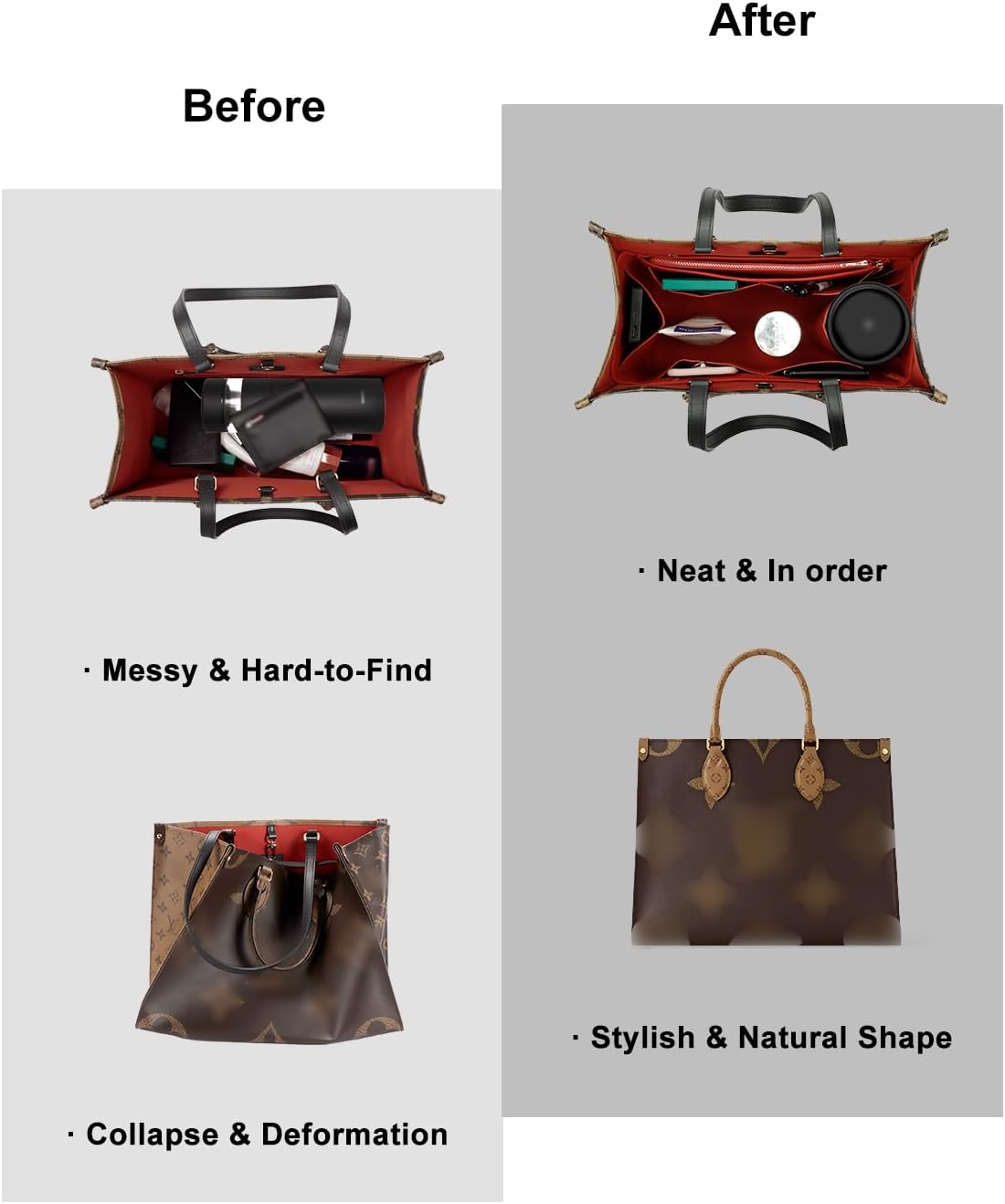 Purse Organizer Insert For Handbags, Tote Bag Organizer Insert, Handbag Organizer For Tote & Handbags, Compatible with Neverful Speedy and More (Slender Large,Red)