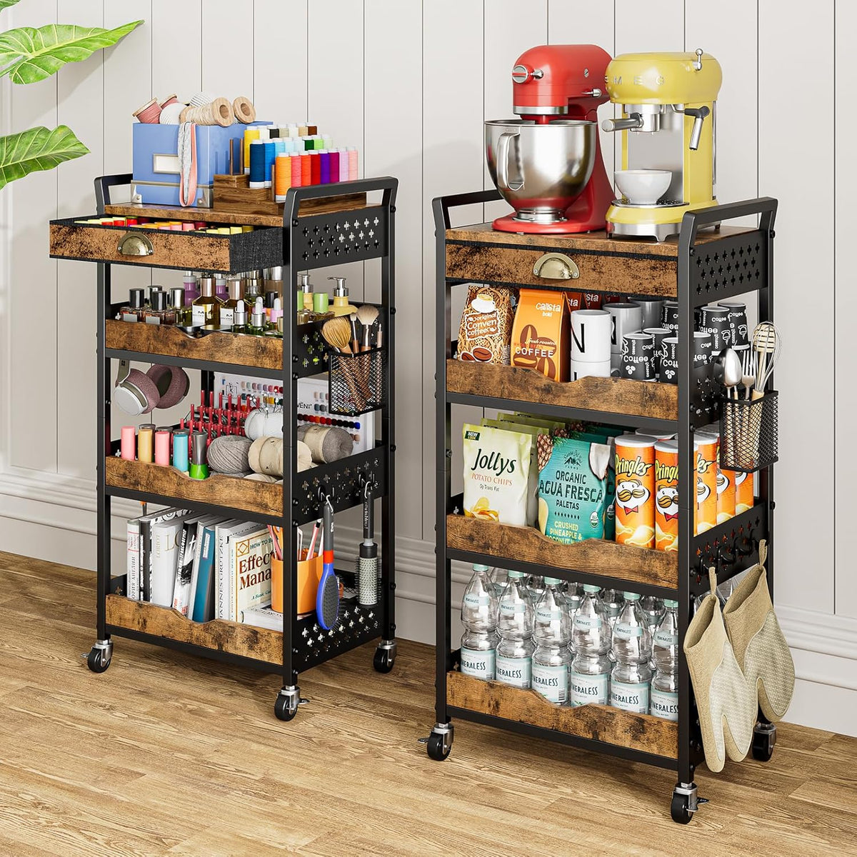4-Tier Rolling Cart with Drawer, Pegboard, Hanging Basket & Hooks