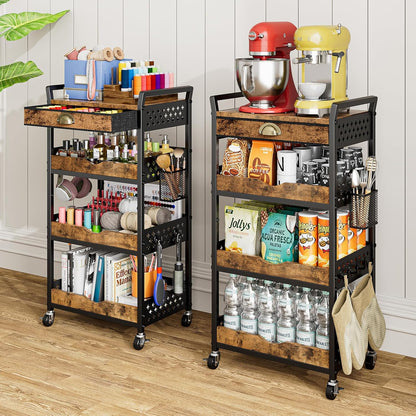 4-Tier Rolling Cart with Drawer, Pegboard, Hanging Basket & Hooks