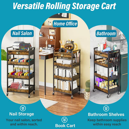 4-Tier Rolling Cart with Drawer, Pegboard, Hanging Basket & Hooks