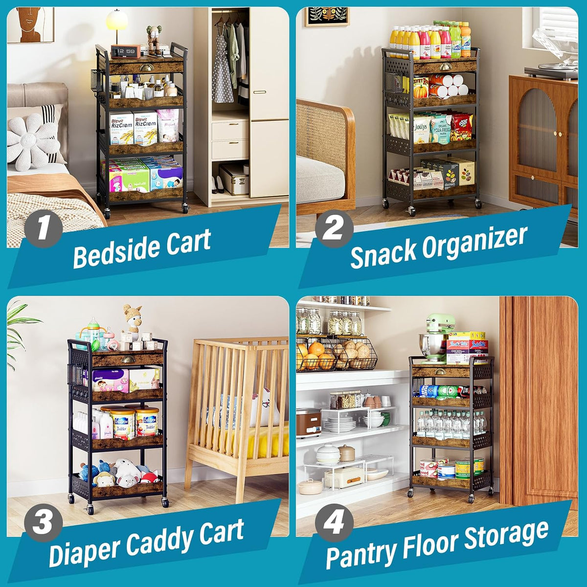 4-Tier Rolling Cart with Drawer, Pegboard, Hanging Basket & Hooks