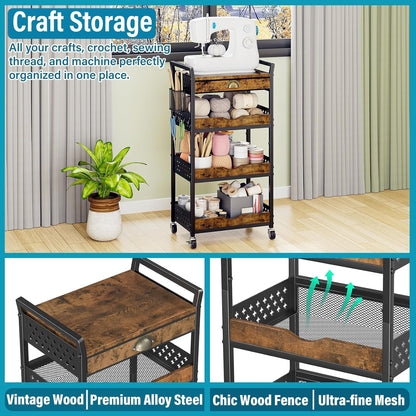 4-Tier Rolling Cart with Drawer, Pegboard, Hanging Basket & Hooks