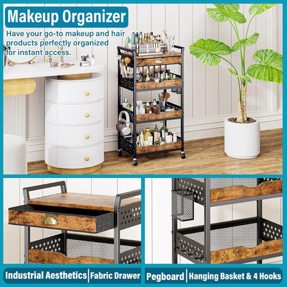 4-Tier Rolling Cart with Drawer, Pegboard, Hanging Basket & Hooks