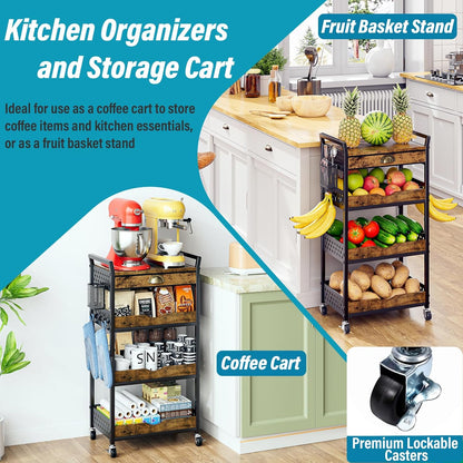 4-Tier Rolling Cart with Drawer, Pegboard, Hanging Basket & Hooks