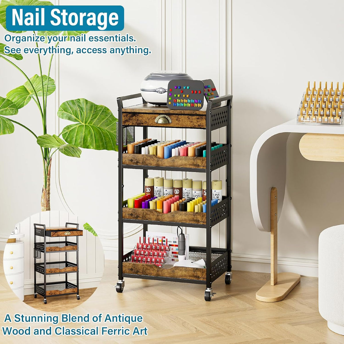 4-Tier Rolling Cart with Drawer, Pegboard, Hanging Basket & Hooks