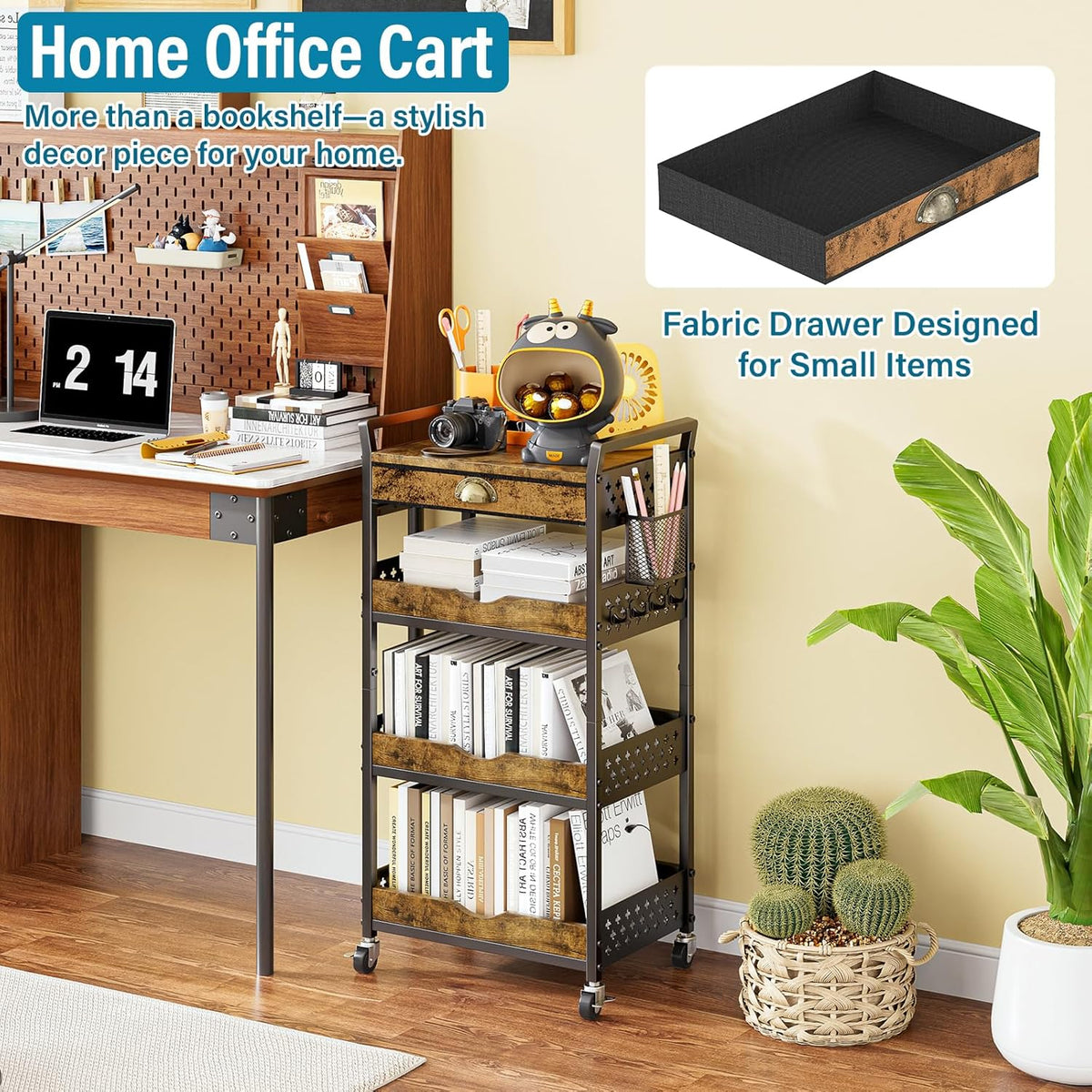 4-Tier Rolling Cart with Drawer, Pegboard, Hanging Basket & Hooks