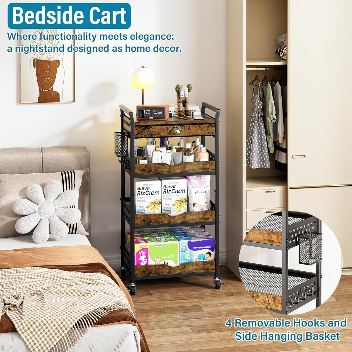 4-Tier Rolling Cart with Drawer, Pegboard, Hanging Basket & Hooks