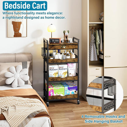 4-Tier Rolling Cart with Drawer, Pegboard, Hanging Basket & Hooks