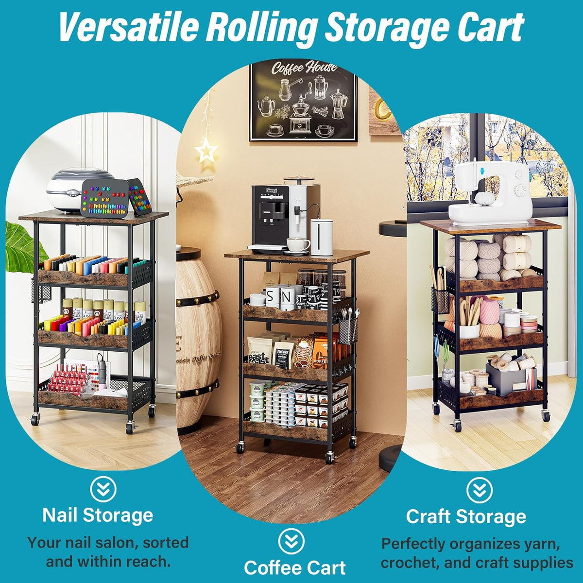4-Tier Rolling Cart with Drawer, Pegboard, Hanging Basket & Hooks