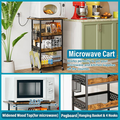 4-Tier Rolling Cart with Drawer, Pegboard, Hanging Basket & Hooks