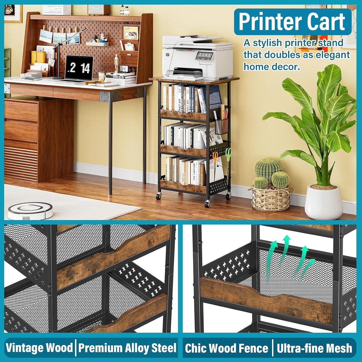 4-Tier Rolling Cart with Drawer, Pegboard, Hanging Basket & Hooks