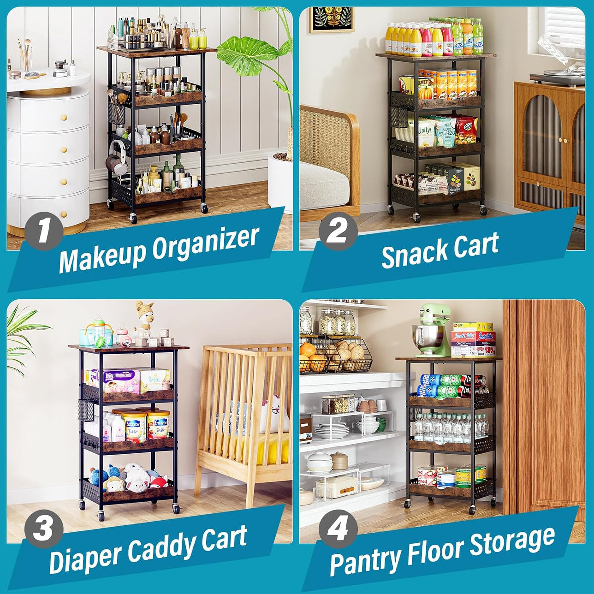 4-Tier Rolling Cart with Drawer, Pegboard, Hanging Basket & Hooks