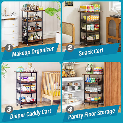 4-Tier Rolling Cart with Drawer, Pegboard, Hanging Basket & Hooks