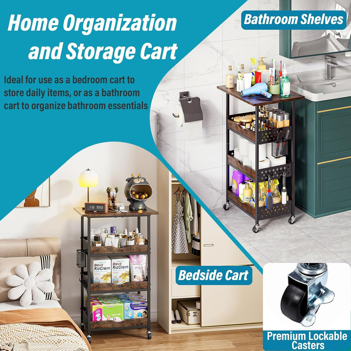 4-Tier Rolling Cart with Drawer, Pegboard, Hanging Basket & Hooks