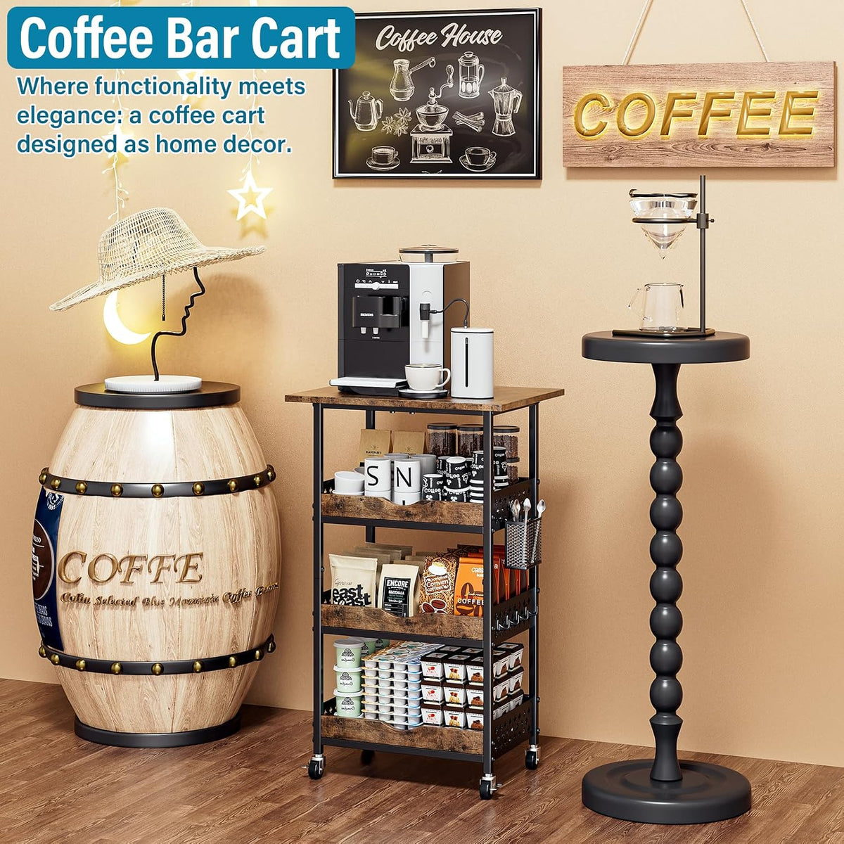 4-Tier Rolling Cart with Drawer, Pegboard, Hanging Basket & Hooks
