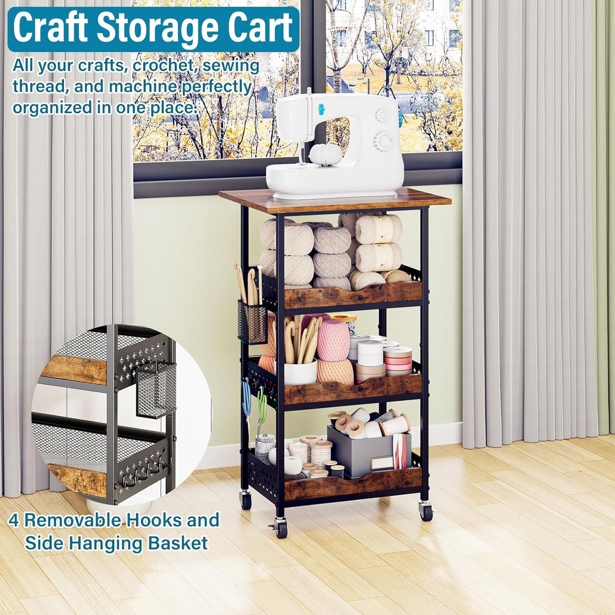 4-Tier Rolling Cart with Drawer, Pegboard, Hanging Basket & Hooks